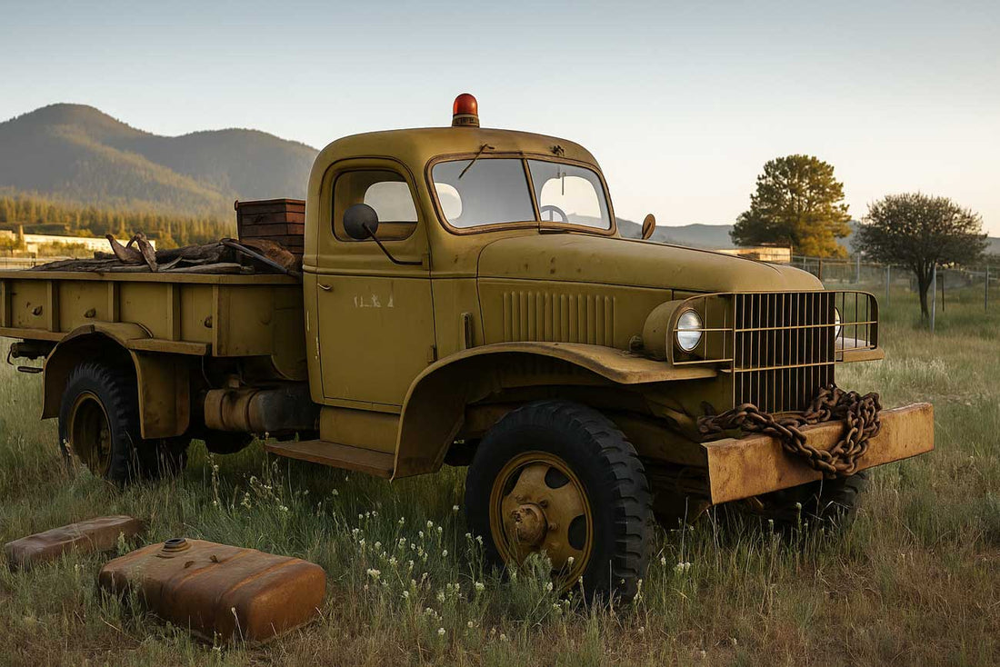Rusty 1945 GMC military truck with chain-wrapped bumper parked in tall grass near the mountains at sunset