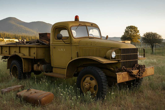 Rusty 1945 GMC military truck with chain-wrapped bumper parked in tall grass near the mountains at sunset