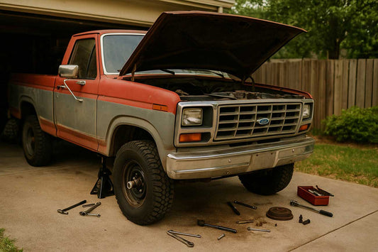 1981 Ford F-150 mid-restoration in a garage driveway with tools