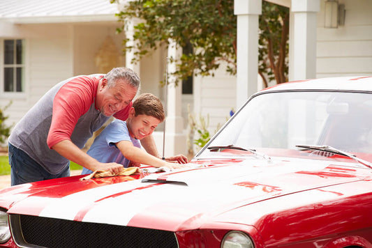Father and son duo washing classic car