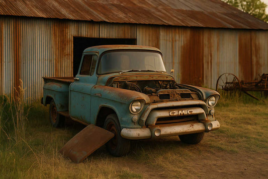 1956 GMC truck parked near a rustic barn with parts exposed and tall grass nearby