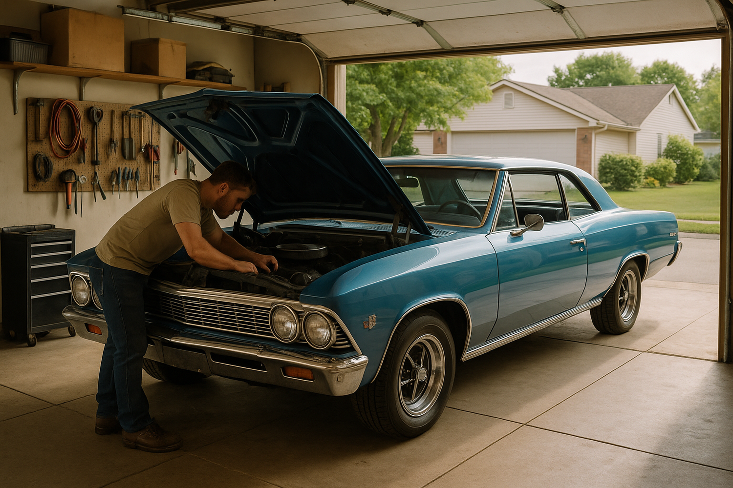 Classic car in a suburban home garage with the car's hood up being worked on by a man