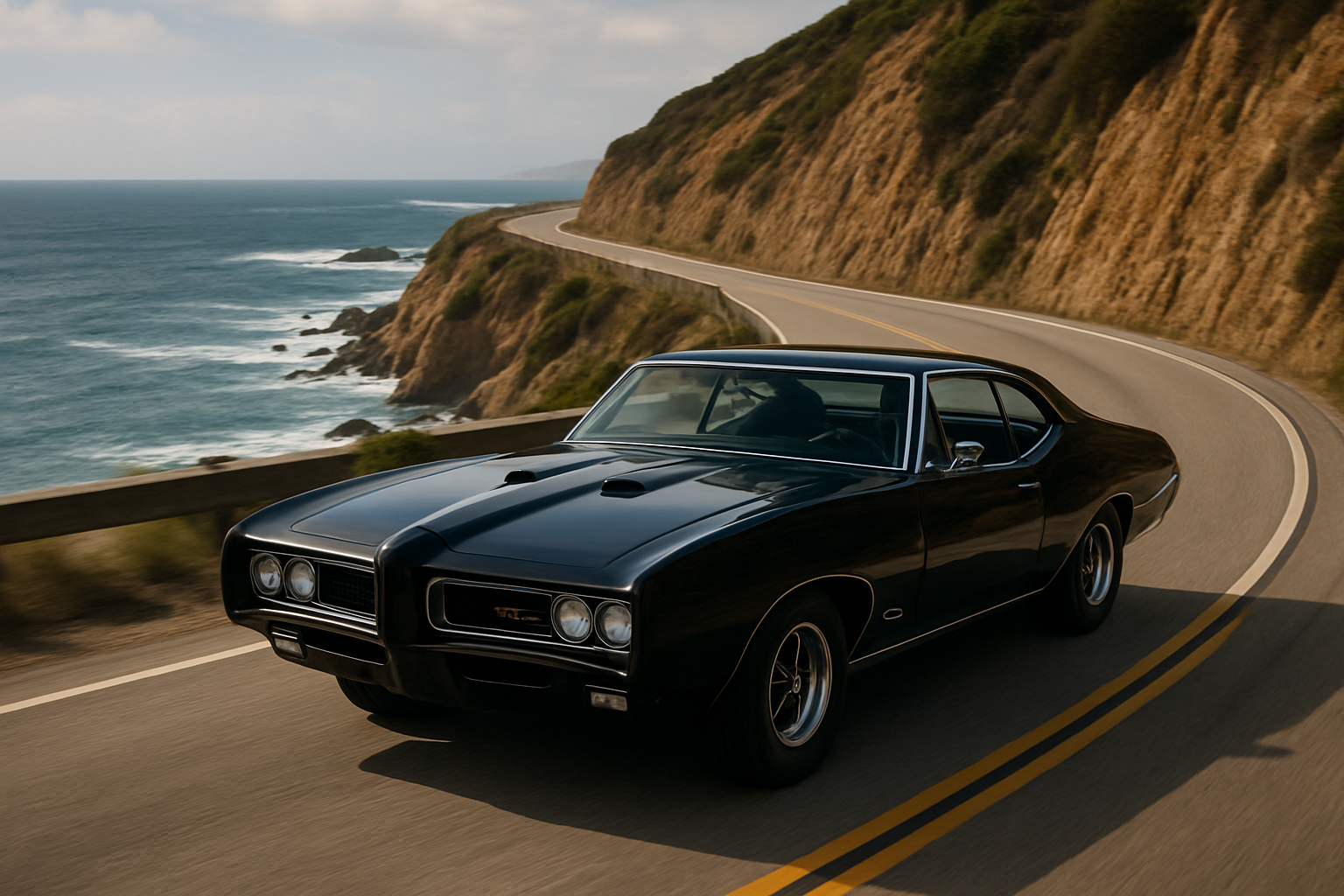 Update the car to be black and more like a classic muscle car like a '68 pontiac gto. also the car should be closer to the right edge more